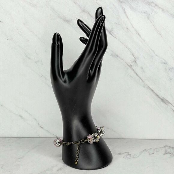 Gold Tone Floral Rhinestone Barrel Charm Beaded Bracelet - Picture 2 of 5